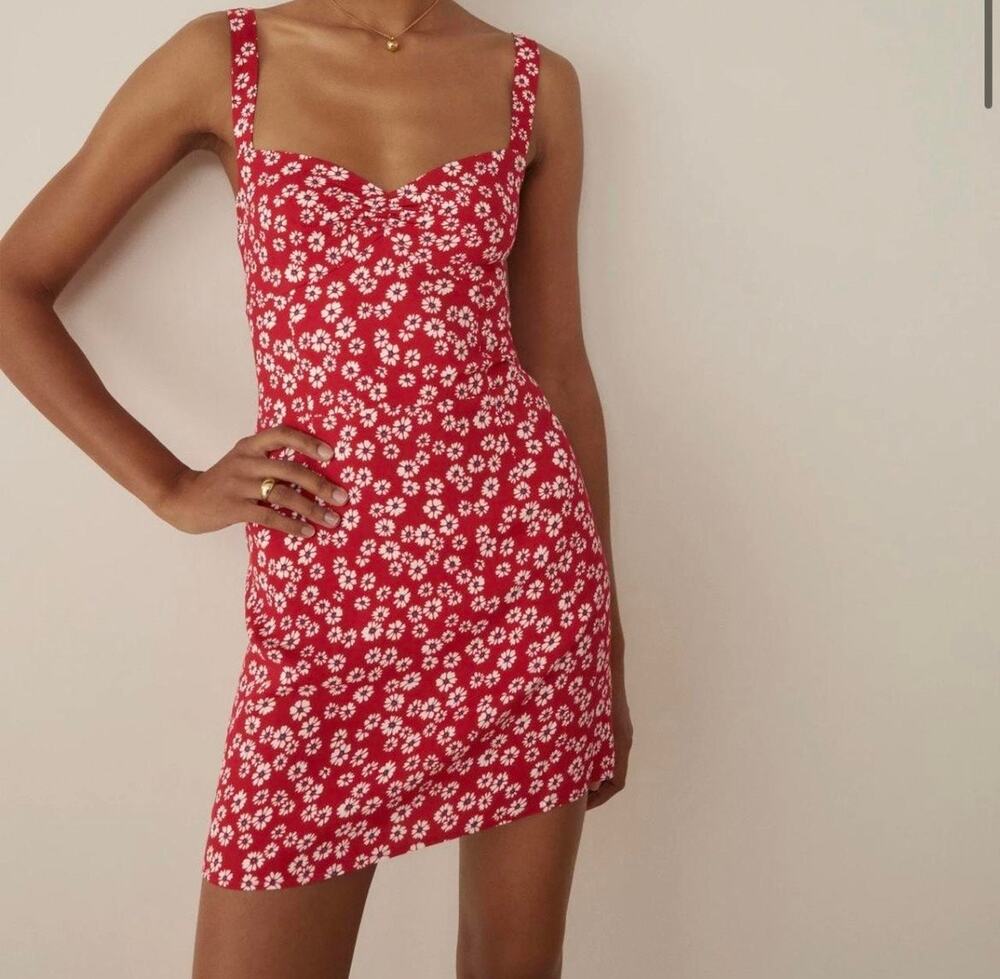 Reformation Baldwin Red Daisy Floral Mini Dress Sweetheart Neckline Women’s XS